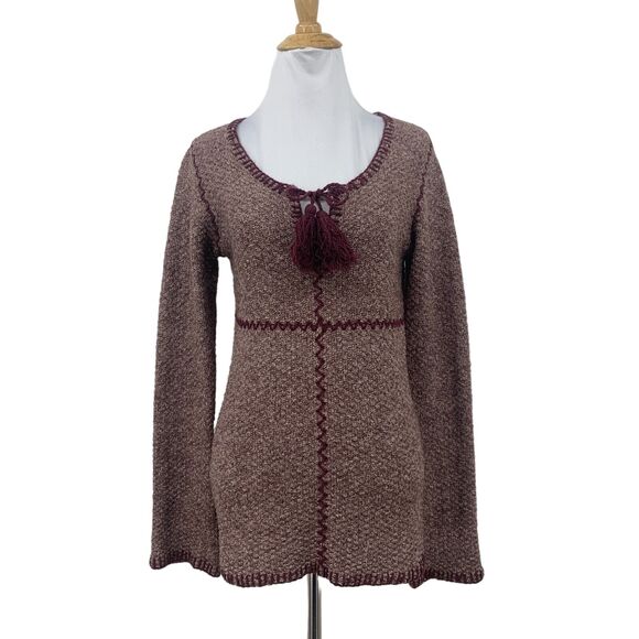 Prana Crochet Trim Sweater Womens S Raisin Stitch Tassle Cotton Tweed Scoop Neck - Picture 1 of 13
